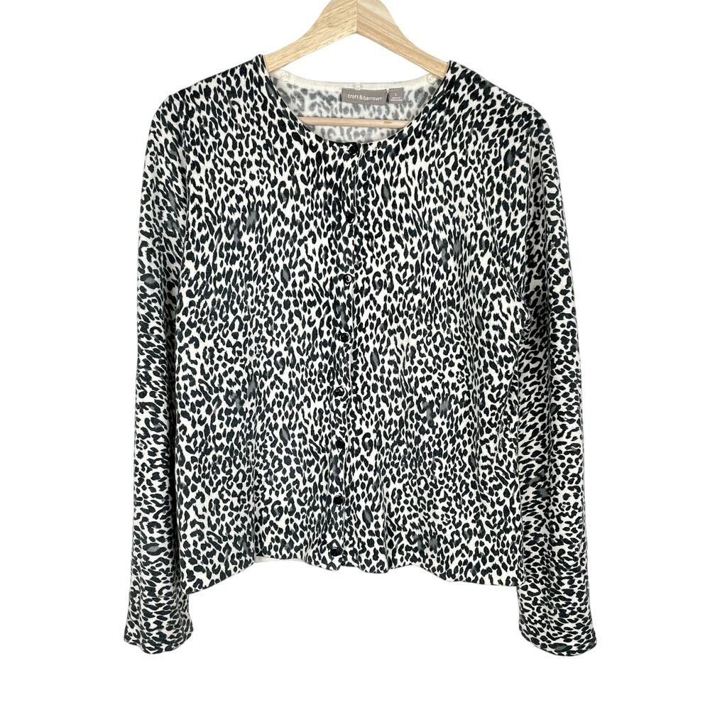 Croft & Barrow Animal Print Soft Cardigan Sweater Sz L Button Front White Black